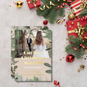 Tarjeta Festiva Con Relieve Metalizado Elegante foto nupcial melocotón 1er Navidad casado