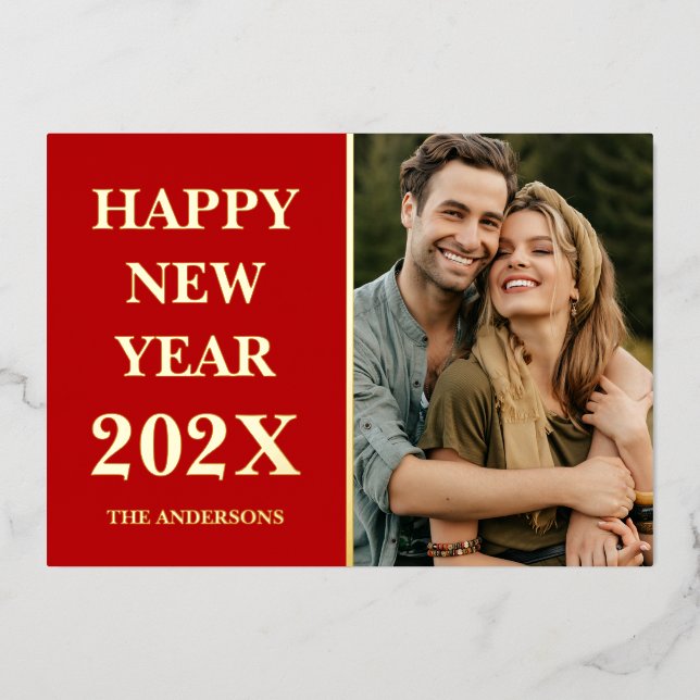 Tarjeta Festiva Con Relieve Metalizado Elegante foto personalizada Feliz Año Nuevo 2026 R (Anverso)