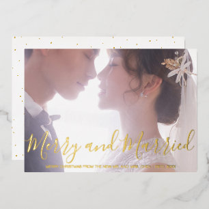 Tarjeta Festiva Con Relieve Metalizado Elegante Foto Recién Casados Navidad
