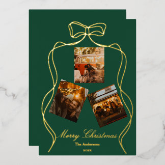 Tarjeta Festiva Con Relieve Metalizado Elegante Foto Verde Bosque con Hojalata Dorada