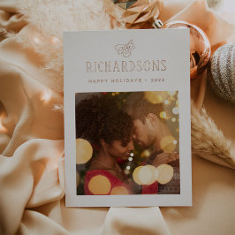 Tarjeta Festiva Con Relieve Metalizado Elegante foto y nombre familiar | Felices fiestas