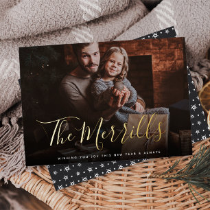 Tarjeta Festiva Con Relieve Metalizado Elegante   Fotografía de Año Nuevo Feliz