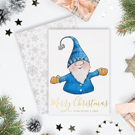 Tarjeta Festiva Con Relieve Metalizado Elegante Gnome Blue Gold Feliz Navidad