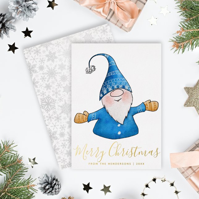Tarjeta Festiva Con Relieve Metalizado Elegante Gnome Blue Gold Feliz Navidad (Subido por el creador)