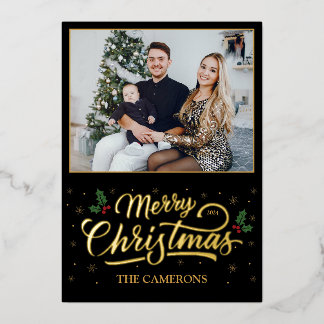 Tarjeta Festiva Con Relieve Metalizado Elegante Gold Feliz Navidad, Holly Berry