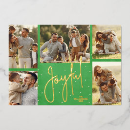 Tarjeta Festiva Con Relieve Metalizado Elegante Green Multi Photo Joyful Gold