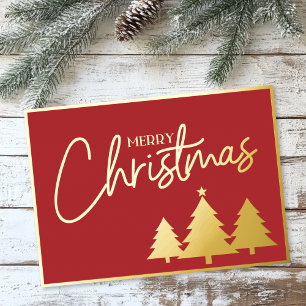 Tarjeta Festiva Con Relieve Metalizado Elegante guión Árboles de Navidad Rojo Oro