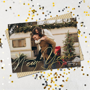 Tarjeta Festiva Con Relieve Metalizado Elegante guión de Año Nuevo Feliz