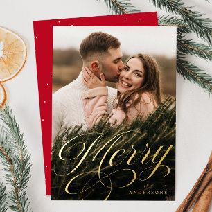 Tarjeta Festiva Con Relieve Metalizado Elegante guión de caligrafía de merry