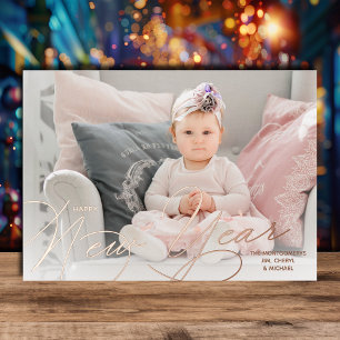 Tarjeta Festiva Con Relieve Metalizado Elegante guión de Feliz Año Nuevo en Rosa Dorado