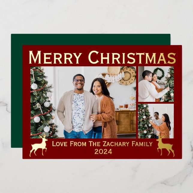 Tarjeta Festiva Con Relieve Metalizado Elegante guión de Navidades de renos Familia 3 Fot (Anverso/Reverso)