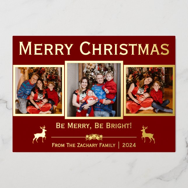 Tarjeta Festiva Con Relieve Metalizado Elegante guión de Navidades de renos Familia 3 Fot (Anverso)