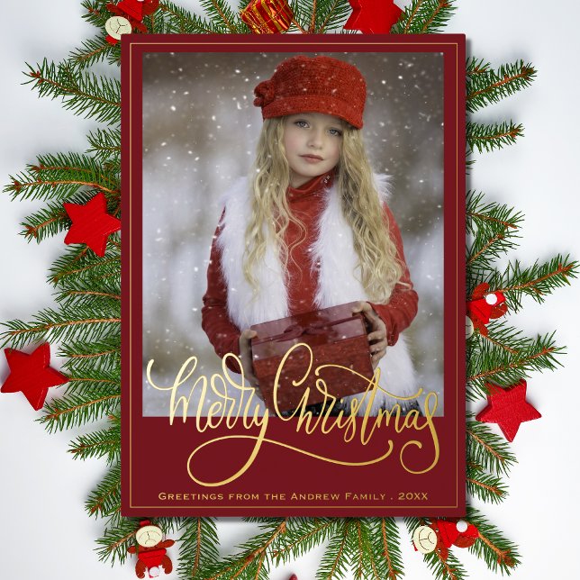 Tarjeta Festiva Con Relieve Metalizado Elegante Guión de Oro Rojo Feliz Navidad (Subido por el creador)
