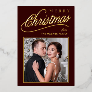 Tarjeta Festiva Con Relieve Metalizado Elegante Guión de Oro Rojo Oscuro Fotos navideñas
