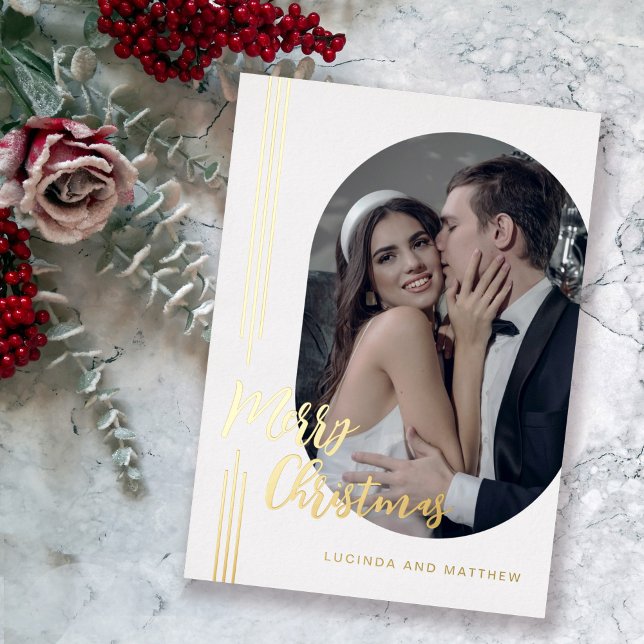 Tarjeta Festiva Con Relieve Metalizado Elegante guión foto mínima Feliz Navidad (Elegant holiday card with real gold foil!)