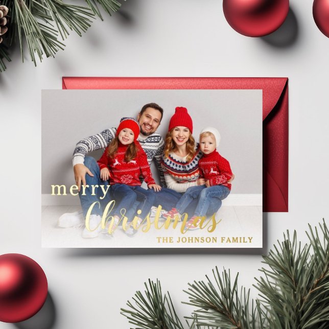 Tarjeta Festiva Con Relieve Metalizado Elegante guión Merry Christmas Foto Oro (Elegant Script Merry Christmas Photo Gold Foil Holiday Card)