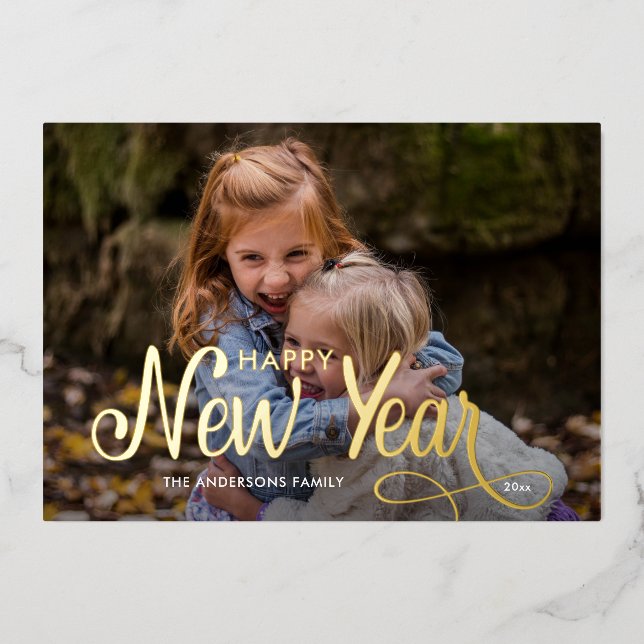 Tarjeta Festiva Con Relieve Metalizado Elegante guión moderno de 3 fotos Feliz Año Nuevo (Anverso)