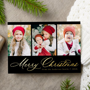 Tarjeta Festiva Con Relieve Metalizado Elegante guión negro Feliz Navidad 3 Foto