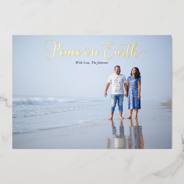 Tarjeta Festiva Con Relieve Metalizado Elegante guión Paz en la Tierra Personalizado (Anverso)