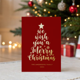 Tarjeta Festiva Con Relieve Metalizado Elegante guión rojo dorado real hoja de Navidad al