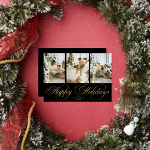 Tarjeta Festiva Con Relieve Metalizado Elegante Guión Tendy 3 Foto Collage Navidad