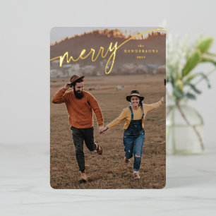 Tarjeta Festiva Con Relieve Metalizado Elegante guión tipográfico de merry
