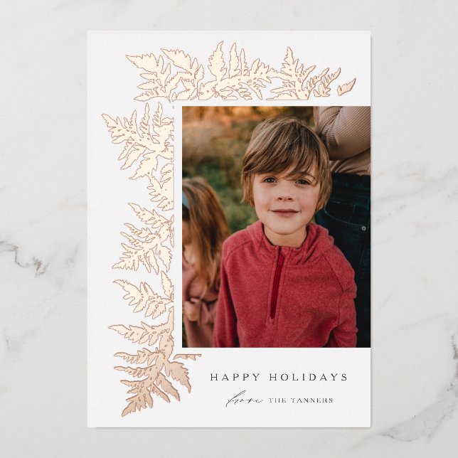 Tarjeta Festiva Con Relieve Metalizado Elegante guirnalda de rosa dorado Navidad 2 fotos (Anverso)