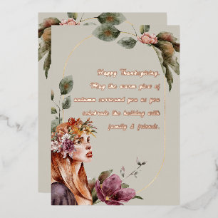 Tarjeta Festiva Con Relieve Metalizado Elegante Hada Otoñal Floral Rosa Dorado Script