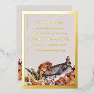 Tarjeta Festiva Con Relieve Metalizado Elegante Hogar Campestre Hojas de Otoño Dorado Scr