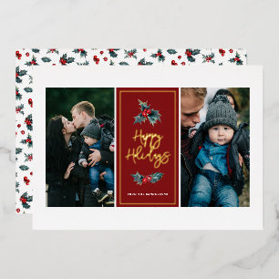 Tarjeta Festiva Con Relieve Metalizado Elegante Holly Dos Fotografías Felices Fiestas