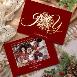 Tarjeta Festiva Con Relieve Metalizado Elegante JOY Burgundy Navidades Foto Oro