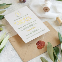 Tarjeta Festiva Con Relieve Metalizado Elegante laurel de la Cruz de Oro Real Baptismo