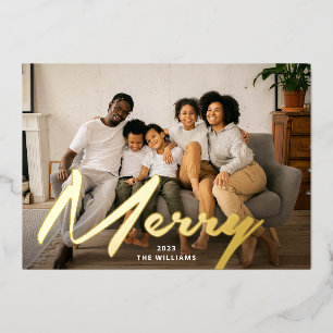 Tarjeta Festiva Con Relieve Metalizado Elegante letra cursiva de pincel audaz foto real o