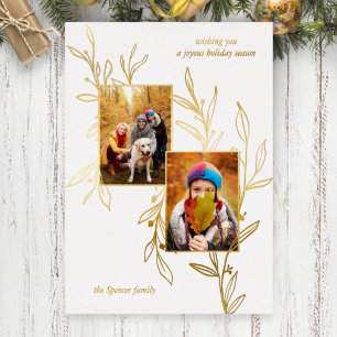 Tarjeta Festiva Con Relieve Metalizado Elegante línea Minimalista de oro con hojas de 2-f
