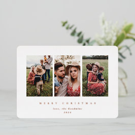 Tarjeta Festiva Con Relieve Metalizado Elegante Marco Blanco Mínimo Triple Foto