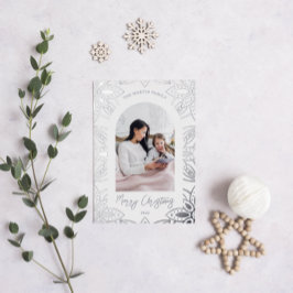 Tarjeta Festiva Con Relieve Metalizado Elegante Marco Botánico Plateado Dos Navidades De 