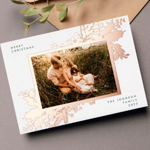 Tarjeta Festiva Con Relieve Metalizado Elegante marco de foto botánico en rosa oro para N