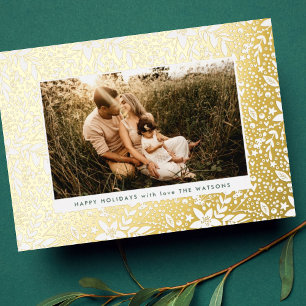 Tarjeta Festiva Con Relieve Metalizado Elegante marco de foto floral botánico de oro feli