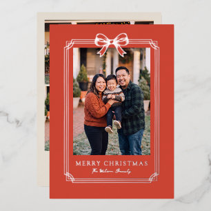 Tarjeta Festiva Con Relieve Metalizado Elegante marco de lazo rojo Navidades Foto de fami