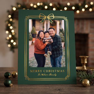 Tarjeta Festiva Con Relieve Metalizado Elegante marco de lazo verde Navidad Foto