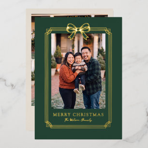 Tarjeta Festiva Con Relieve Metalizado Elegante marco de lazo verde Navidad Foto
