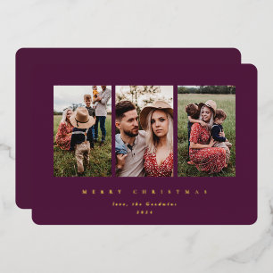 Tarjeta Festiva Con Relieve Metalizado Elegante Marco Mínimo de Winterberry Triple Foto