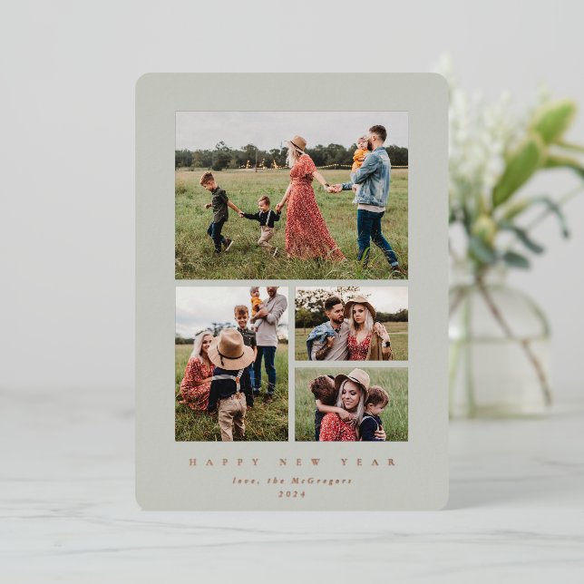 Tarjeta Festiva Con Relieve Metalizado Elegante Marco Verde Masaje 4 Foto Feliz Año Nuevo (Anverso de pie)