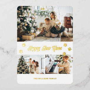 Tarjeta Festiva Con Relieve Metalizado Elegante Mascota propietario Paw Photo Happy New Y