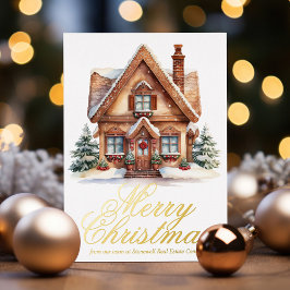 Tarjeta Festiva Con Relieve Metalizado Elegante Merry Christmas House Personalizado Compa