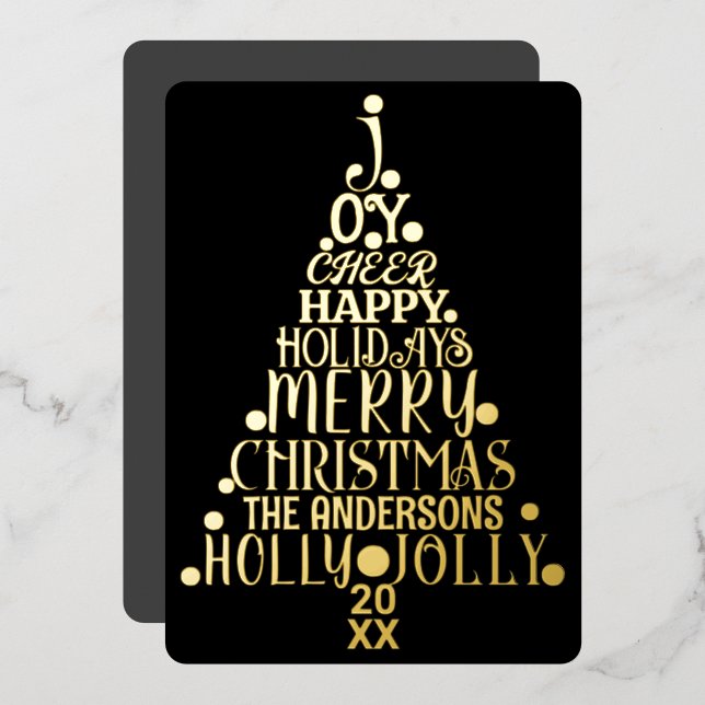 Tarjeta Festiva Con Relieve Metalizado Elegante Merry Word Art Tree Navidades Black Gold (Anverso/Reverso)