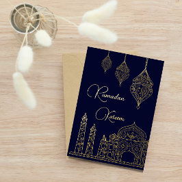 Tarjeta Festiva Con Relieve Metalizado Elegante Mezquita Islámica Ornamental Farolitos Ra