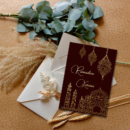 Tarjeta Festiva Con Relieve Metalizado Elegante Mezquita Islámica Ornamental Farolitos Ra