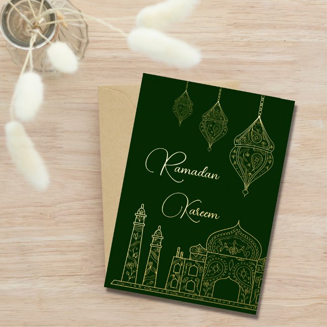 Tarjeta Festiva Con Relieve Metalizado Elegante Mezquita Islámica Ornamental Farolitos Ra (Subido por el creador)