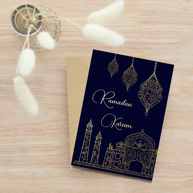Tarjeta Festiva Con Relieve Metalizado Elegante Mezquita Islámica Ornamental Farolitos Ra (Subido por el creador)
